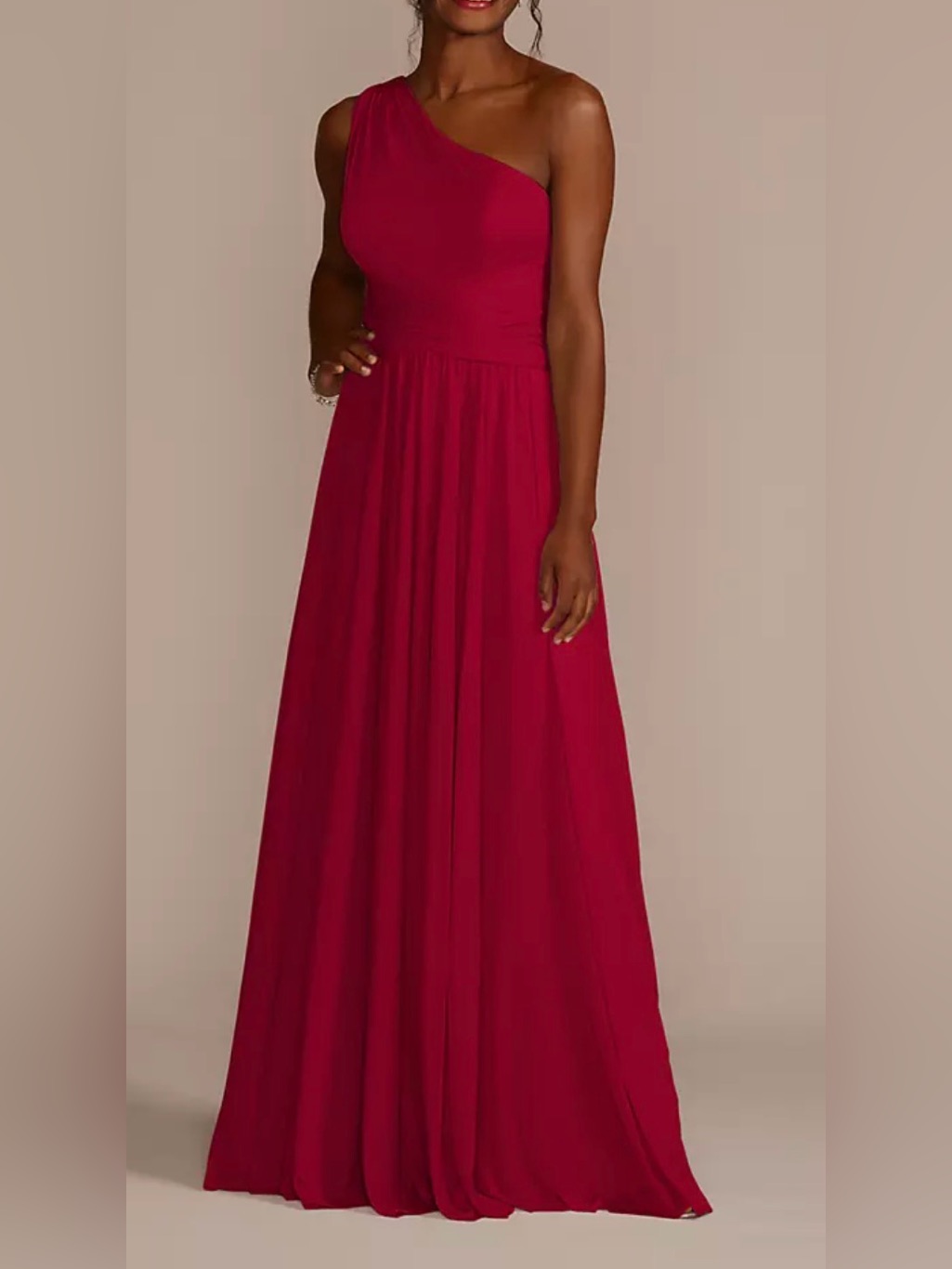 David's Bridal One-Shoulder Apple Red Bridesmaid Dress Chiffon